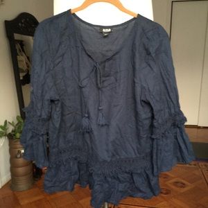 A.N.A 100% Cotton Black Blouse Bell Sleeve Ruffles
